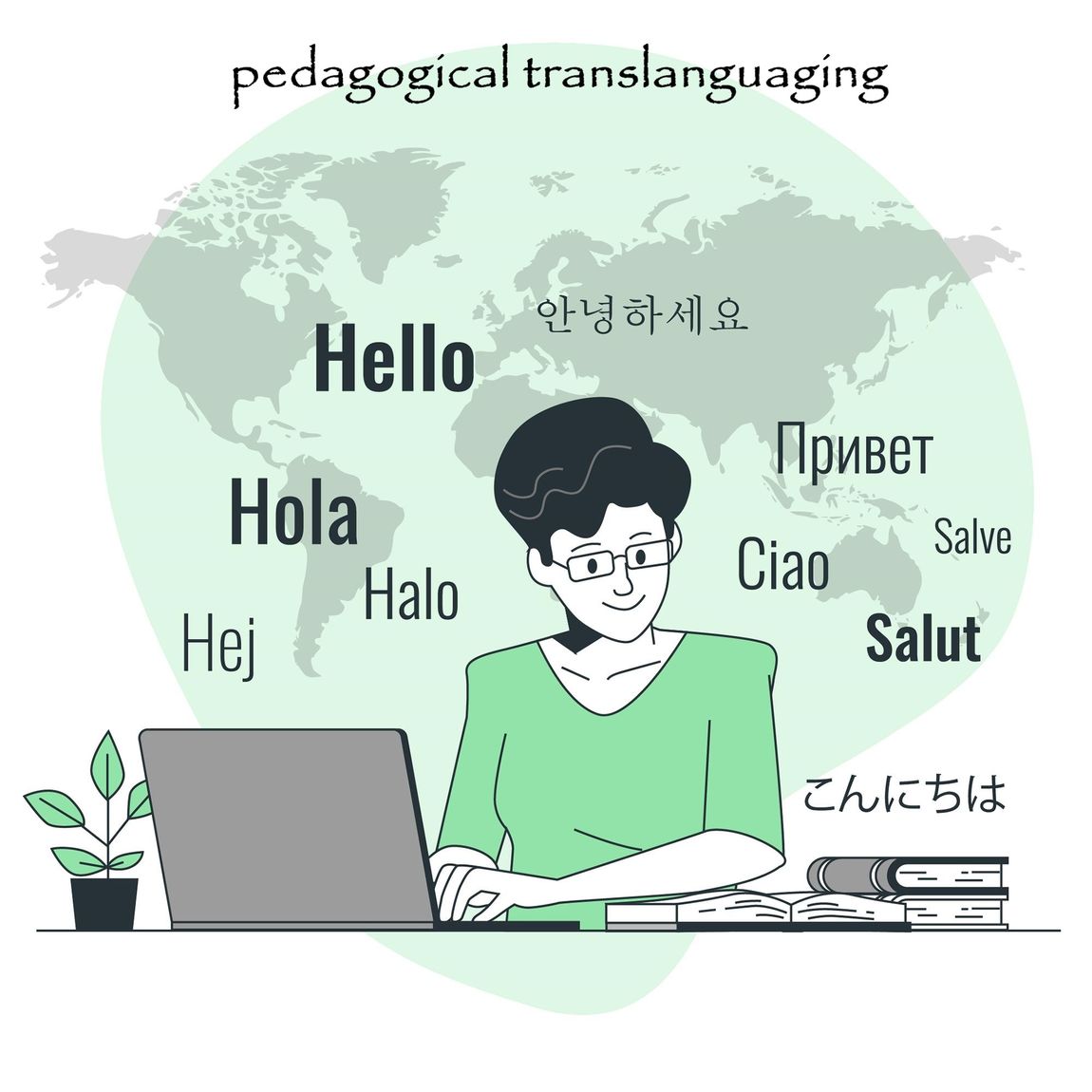 visuel graphique avec une enseignante et un nuage de mot en différentes langues
